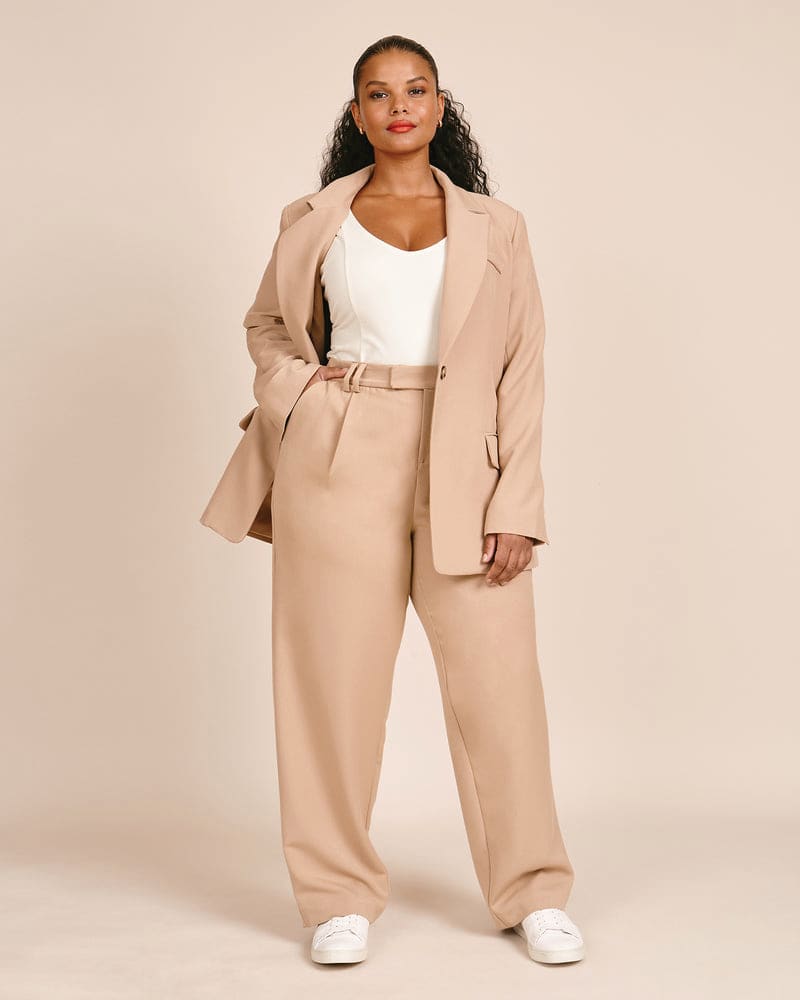 Beige straight leg trousers sales
